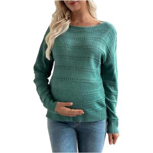 image:imageMakeMeChic Womens Maternity Sweater Crew Neck Long Sleeve Hollow Out Knitted Pullover TopsGreen