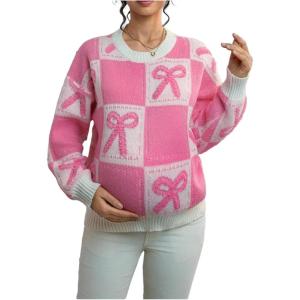 image:imageMakeMeChic Womens Maternity Sweater Crew Neck Long Sleeve Hollow Out Knitted Pullover TopsPink