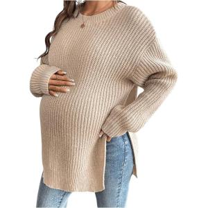 image:imageMakeMeChic Womens Maternity Sweater Crew Neck Long Sleeve Split Drop Shoulder Pregnancy TopsKhaki
