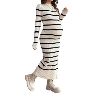 image:imageMakeMeChic Womens Maternity Sweater Dress Striped Mock Neck Long Sleeve Knit Bodycon Maxi DressesMulticolor