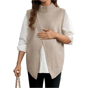 image:imageMakeMeChic Womens Maternity Sweater Vest Mock Neck Split Hem Sleeveless Fall Pregnancy Knit TopKhaki