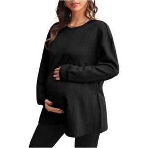 image:imageMakeMeChic Womens Maternity Sweatshirt Round Neck Long Sleeve Split Pregnancy Shirt Fall Maternity Clothes TopsBlack