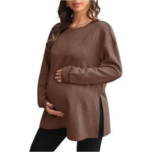 image:imageMakeMeChic Womens Maternity Sweatshirt Round Neck Long Sleeve Split Pregnancy Shirt Fall Maternity Clothes TopsBrown