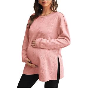 image:imageMakeMeChic Womens Maternity Sweatshirt Round Neck Long Sleeve Split Pregnancy Shirt Fall Maternity Clothes TopsPink