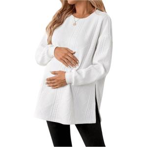 image:imageMakeMeChic Womens Maternity Sweatshirt Round Neck Long Sleeve Split Pregnancy Shirt Fall Maternity Clothes TopsWhite