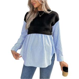 image:imageMakeMeChic Womens Maternity Sweatshirt Striped Crew Neck Long Sleeve Pregnancy Pullover TopsBlack