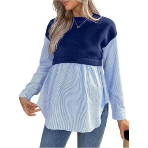 image:imageMakeMeChic Womens Maternity Sweatshirt Striped Crew Neck Long Sleeve Pregnancy Pullover TopsBlue