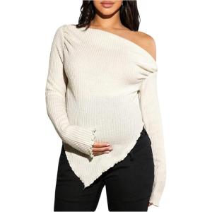 image:imageMakeMeChic Womens Maternity T Shirt Off Shoulder Sweater Asymmetrical Hanky Hem Long Sleeve Knit TopsApricot