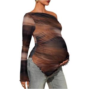 image:imageMakeMeChic Womens Maternity T Shirt Spring Tie Dye Asymmetrical Lettuce Trim Long Sleeve Pregnancy TopsBrown