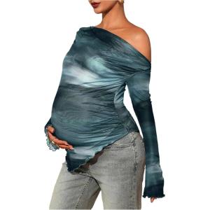 image:imageMakeMeChic Womens Maternity T Shirt Spring Tie Dye Asymmetrical Lettuce Trim Long Sleeve Pregnancy TopsMulticolor
