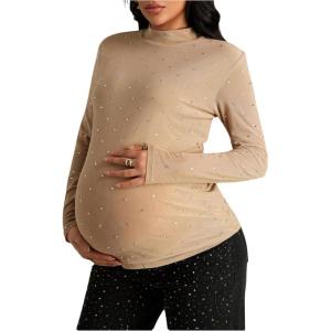 image:imageMakeMeChic Womens Maternity Tee Shirt Glitter Rhinestone Mock Neck Long Sleeve Fall Pregnancy TopsKhaki