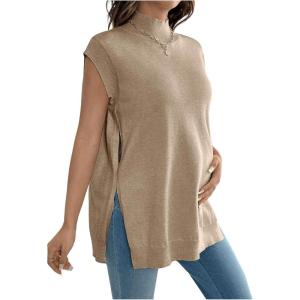 image:imageMakeMeChic Womens Maternity Turtleneck Sweater Vest Tops Mock Neck Sleeveless Slit Hem Pregnancy Knit SweaterChampagne
