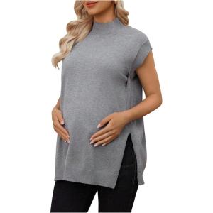 image:imageMakeMeChic Womens Maternity Turtleneck Sweater Vest Tops Mock Neck Sleeveless Slit Hem Pregnancy Knit SweaterDark Grey
