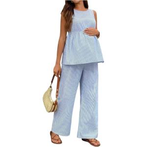 image:imageMakeMeChic Womens Maternity Two Piece Outfits Striped Crew Neck Sleeveless Tank Top and Pants Pregnancy SetsBlue