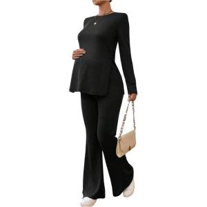 image:imageMakeMeChic Womens Maternity Two Piece Sets Crew Neck Long Sleeve Blouse and Flared Leg Pants Pregnancy OutfitsBlack