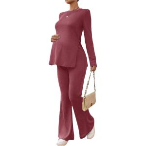 image:imageMakeMeChic Womens Maternity Two Piece Sets Crew Neck Long Sleeve Blouse and Flared Leg Pants Pregnancy OutfitsHot Pink