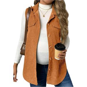 image:imageMakeMeChic Womens Maternity Vest Jacket Corduroy Sleeveless Button Down Jackets BlazerBrown