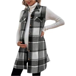 image:imageMakeMeChic Womens Maternity Vest Outerwear Plaid Print Collared Button Down Pregnancy Midi CoatBlack and White