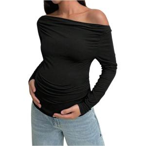 image:imageMakeMeChic Womens Off The Shoulder Maternity Tee Shirt Long Sleeve Asymmetrical Neck Ruched Pregnancy TopBlack