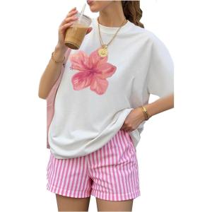 image:imageMakeMeChic Womens Pajamas Sets Floral Short Sleeve Crew Neck Tops and Striped Shorts Casual OutfitsWhite