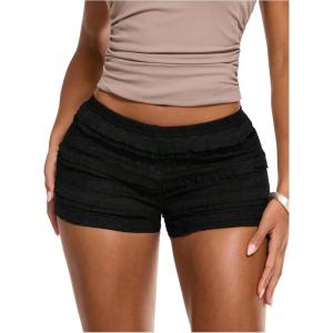 image:imageMakeMeChic Womens Ruffle Mini Shorts Crochet Layered Mesh Lace Micro ShortsBlack Solid