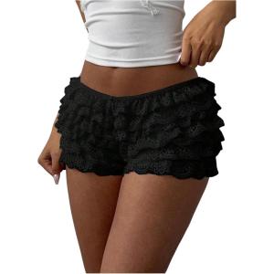 image:imageMakeMeChic Womens Ruffle Mini Shorts Crochet Layered Mesh Lace Micro ShortsMesh Black