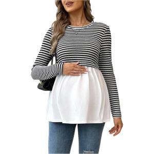 image:imageMakeMeChic Womens Spring Maternity Tops Striped Long Sleeve Flared Pregnancy Tee ShirtBlack and White