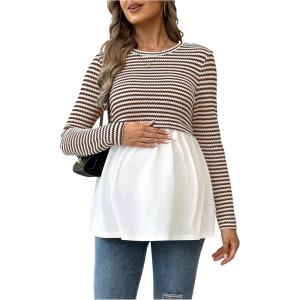 image:imageMakeMeChic Womens Spring Maternity Tops Striped Long Sleeve Flared Pregnancy Tee ShirtBrown