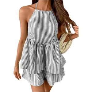 image:imageMakeMeChic Womens Striped 2 Piece Summer Outfits Halter Peplum Top and Wide Leg Shorts Matching SetsBlack