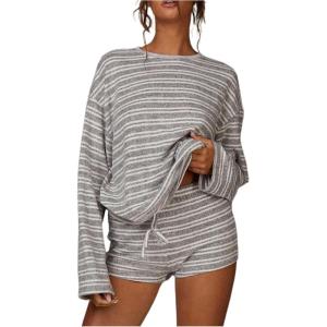 image:imageMakeMeChic Womens Striped Lounge Set 2 Piece Outfits Long Sleeve Tops Mini Shorts Sets LoungewearMulticolor