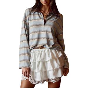 image:imageMakeMeChic Womens Striped Rugby Shirt Collared Long Sleeve Preppy Tee TopsMulticolor