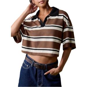 image:imageMakeMeChic Womens Striped Rugby Shirt Tops Collared Half Sleeve Vintage Preppy Tee Crop TopsMulticolor