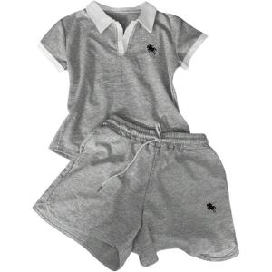 image:imageMakeMeChic Womens Summer 2 Piece Outfits Short Sleeve Collared Golf Shirt and Shorts SetGrey