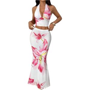 image:imageMakeMeChic Womens Summer 2 Piece Sets Floral Open Back Halter Crop Tank Top Flare Maxi Skirt SetWhite