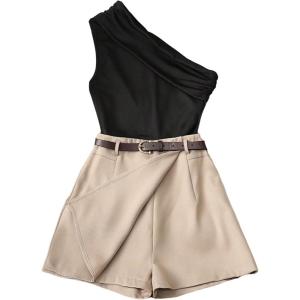 image:imageMakeMeChic Womens Summer 2 Piece Sets One Shoulder Ruched Sleeveless Tank Tops Wrap Skort Shorts SetKhaki Black
