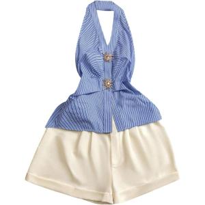 image:imageMakeMeChic Womens Summer 2 Piece Sets Striped Metal Halter Tops Shorts Business Casual OutfitsBlue