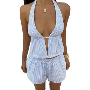 image:imageMakeMeChic Womens Summer 2 Piece Sets Striped Open Back Halter Tank Top Boxer Shorts SetBlue