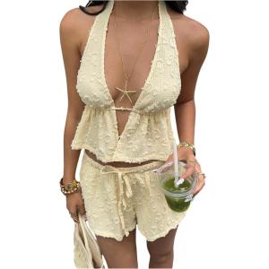 image:imageMakeMeChic Womens Summer 2 Piece Sets Striped Open Back Halter Tank Top Boxer Shorts SetYellow