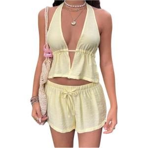 image:imageMakeMeChic Womens Summer 2 Piece Sets Striped Open Back Halter Tank Top Boxer Shorts SetYellow Solid