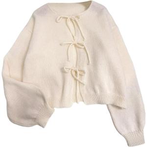 image:imageMakeMeChic Womens Tie Front Sweater Cardigan Crew Neck Long Sleeve Lightweight OuterwearApricot