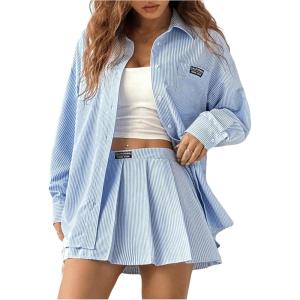 image:imageMakeMeChic Womens Two Piece Fall Outfit Striped Button Down Shirt and Pleated Skirt Matching SetBlue