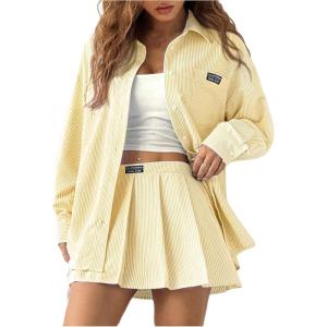 image:imageMakeMeChic Womens Two Piece Fall Outfit Striped Button Down Shirt and Pleated Skirt Matching SetYellow