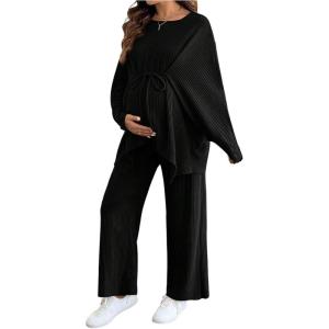 image:imageMakeMeChic Womens Two Piece Sets Crew Neck Dolman Sleeve Tie Front Tops and Pants Pregnancy OutfitBlack