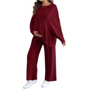 image:imageMakeMeChic Womens Two Piece Sets Crew Neck Dolman Sleeve Tie Front Tops and Pants Pregnancy OutfitBurgundy