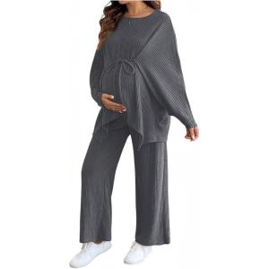 image:imageMakeMeChic Womens Two Piece Sets Crew Neck Dolman Sleeve Tie Front Tops and Pants Pregnancy OutfitGrey