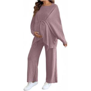 image:imageMakeMeChic Womens Two Piece Sets Crew Neck Dolman Sleeve Tie Front Tops and Pants Pregnancy OutfitPink