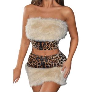image:imageMakeMeChic Womens Two Piece Sets Faux Fur Sequin Leopard Strapless Crop Tops and Bodycon Skirts Y2k OutfitMulticolor