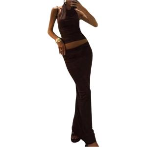 image:imageMakeMeChic Womens Y2k 2 Piece Set Draped Open Back Halter Tops Bodycon Skirt SetsCoffee Brown