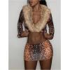 image:imageMakeMeChic Womens 2 Piece Fall Outfits Fur Dots Print Long Sleeve Crop Top and Mini Skirt Matching SetKhaki