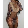 image:imageMakeMeChic Womens 2 Piece Fall Outfits Fur Dots Print Long Sleeve Crop Top and Mini Skirt Matching SetKhaki
